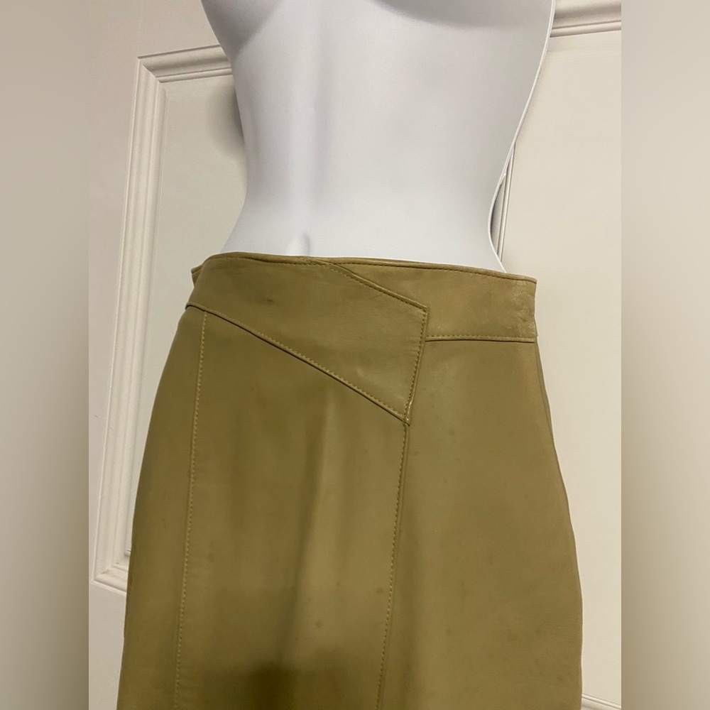 T20b- VINTAGE Tan Genuine Leather PENCIL Midi Skirt - Picture 2 of 7
